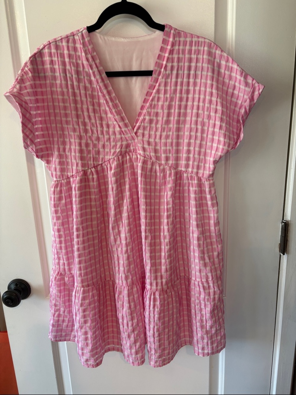 SHEIN Pink Gingham Short Sleeve Tiered Dress - Preppy Gingham, Spring - sz S